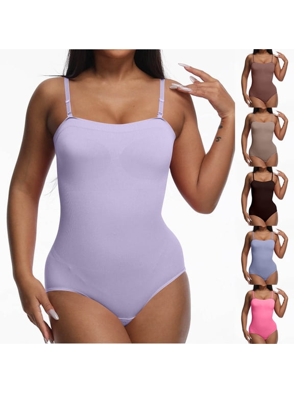 Women Shapewear Square Neck Thong Bodysuit Top Athletic Bodysuits One Piece Adjustable Strap Backless Cami Leotard Brown M