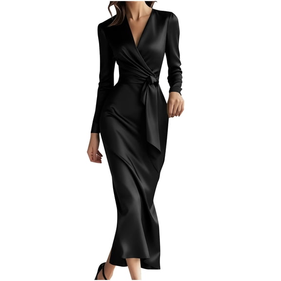 LNWUY Women Solid Color Long Sleeve V Neck Tie Waist Satin Elegant Formal Cocktail Wedding Guest Bodycon Midi Dress Black S