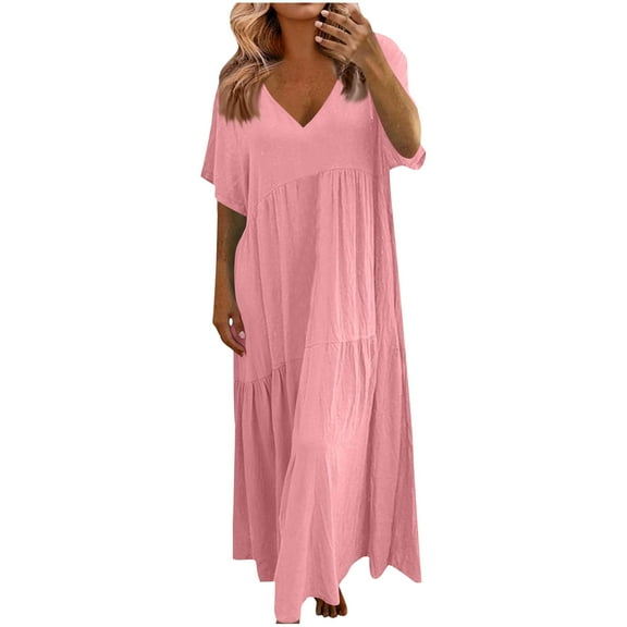 LNWUY Women Summer Dresses V-Neck Maxi Dress Tiered Silhouette with Flutter Sleeve Backless Elastic Waist Flowy Dress Pink XXL