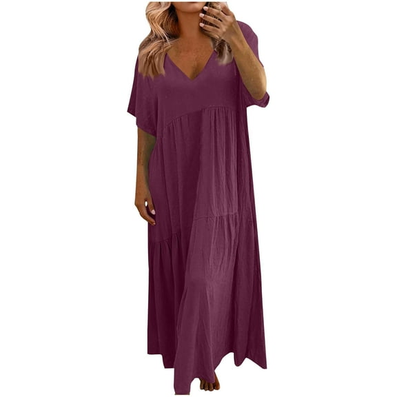 LNWUY Women Summer Dresses V-Neck Maxi Dress Tiered Silhouette with Flutter Sleeve Backless Elastic Waist Flowy Dress Red XXL