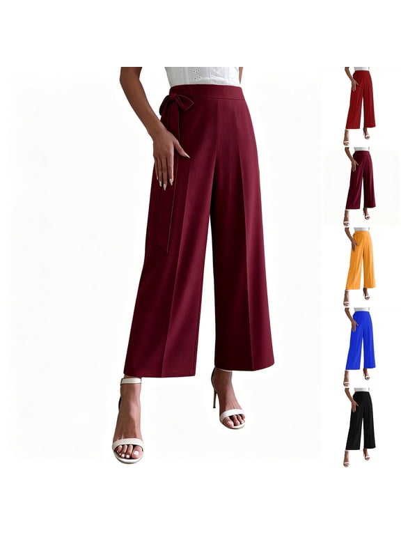 Women Tie Elastic Waist Dance Pants Plus Size High Rise Wide Leg Pants Elegant Loose Solid Trousers for Wedding Party Black XXXL