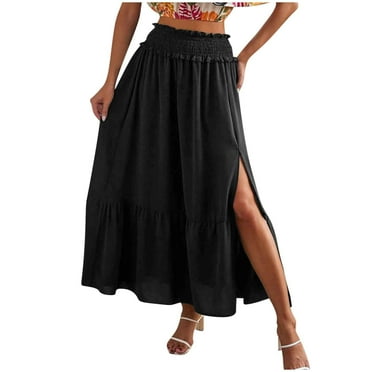 LNWUY Women's 2025 Summer Boho Flowy Maxi Skirt Trendy Slit Elastic High Waist A Line Beach Long Skirts with Pockets Black XL