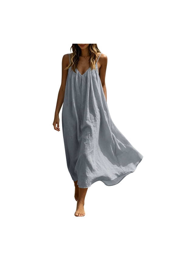 Women's Backless Cami Dress Spaghetti Strap Sleeveless Flowy Linen Dress Trendy Summer Beach Vacation Midi Sundress Gray XL
