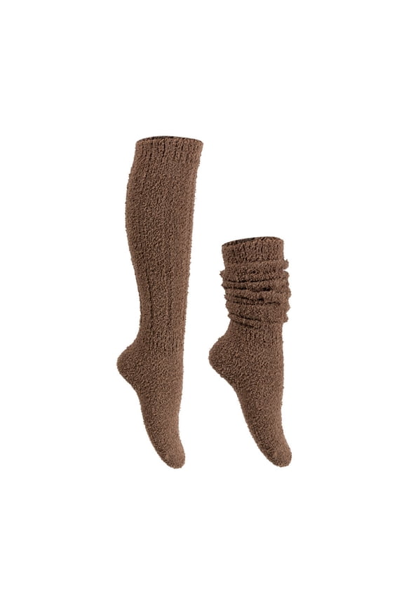 LNWUY Women's Calf Socks Long Stacked Soft Warm Fuzzy Fluffy Comfortable Durable Cozy Lounge Socks for Women Brown Free Size