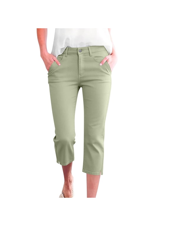 Women's Capris Pull-On Stretch Straight Leg Elastic Waist Cropped Dress Pants with Pockets for Golf Yoga Office Business Work Green S