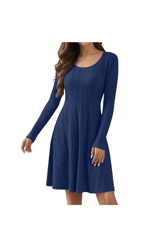 Women's Casual Crew Neck Long Sleeve Knit Sweater Dress with Pockets A-Line Swing Fashion Spring Fall Dresses Blue XXL