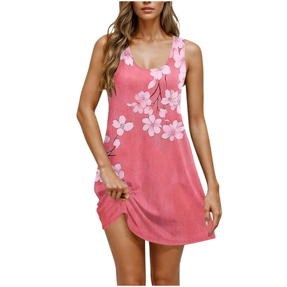 LNWUY Women's Casual Sundress with Pockets Summer Beach Dress Floral T-Shirts Dress Round Neck Loose Comfort Tank Dresses Pink XL