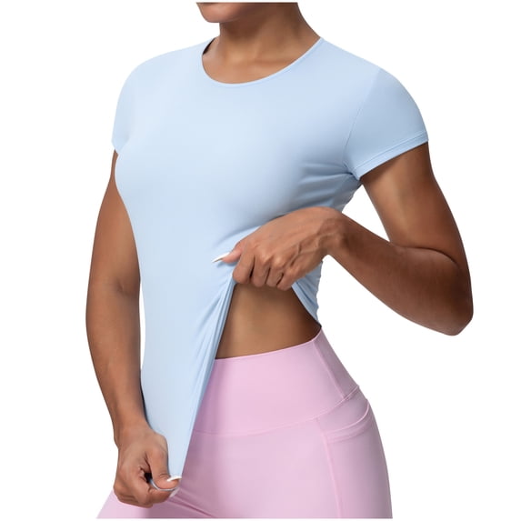 LNWUY Women's Compression Workout Shirts Breathable Quick Dry Gym Short Sleeve Crew Neck Basic Tops Slim Fit Shirts Blue XL