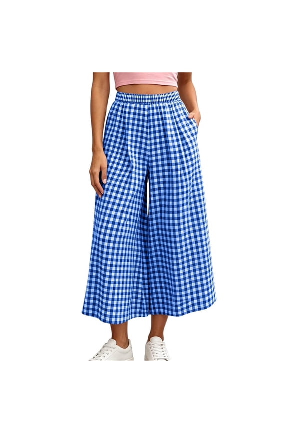 Women's Cotton Capri Pants Plaid Gingham Elastic Waist Comfortable Casual Wide Leg Palazzo Culottes Pants with Pockets Blue XXL