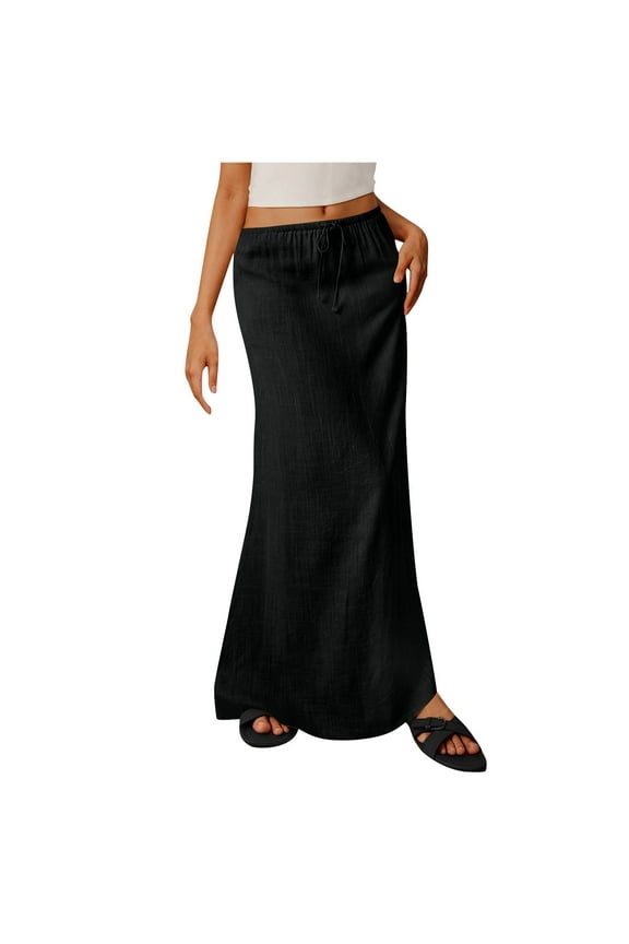 Women's Cotton Linen Solid Color Waisted Elastic Waist Half-Body Skirt Drawstring Flare Maxi Skirt Simple Casual Long Skirt Black S