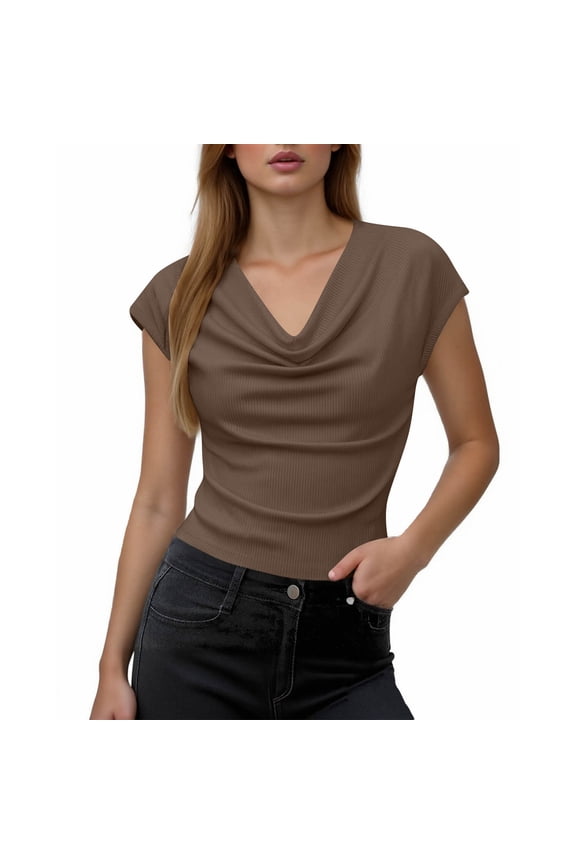 Women's Cowl Neck Solid Color T-Shirt, 2026 Summer Short Sleeve Pullover Tops Dressy Business Casual Blouse Brown S