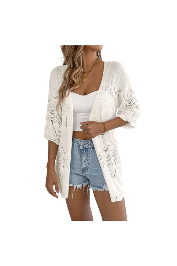 Women's Crochet Knit Cardigan Sweaters Mid Sleeve Open Front Kimonos Boho Cardigans Tops Lightweight Vacation Summer Tops Coat Beige L