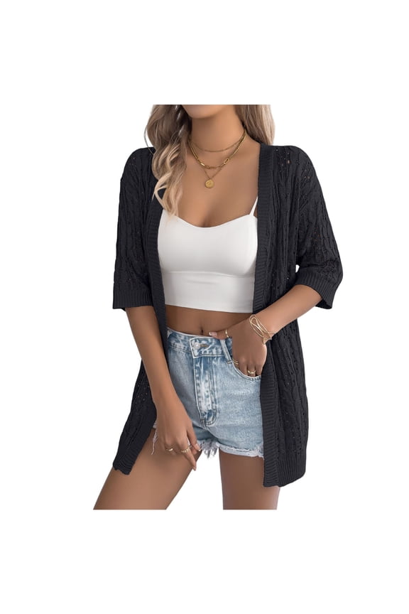 Women's Crochet Knit Cardigan Sweaters Mid Sleeve Open Front Kimonos Boho Cardigans Tops Lightweight Vacation Summer Tops Coat Black M