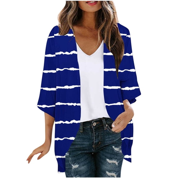 LNWUY Women's Curved Hem 3/4 Sleeve Cardigan Tops Casual Open Front Lightweight Cardigans Striped Print Summer Clothes Blue XXL