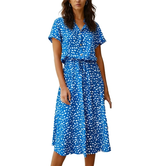 LNWUY Women's Elegant Knee Length Dresses Vintage Loose Casual Floral Print Work Party Drawstring A-Line Swing Dress Blue XXXL