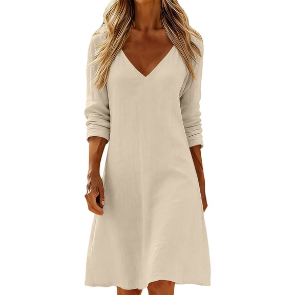 LNWUY Women's Elegant Linen Swing Knee Lenght Dress Solid Color Loose V Neck Long Sleeve A-Line Vacation Casual Dresses White XXL