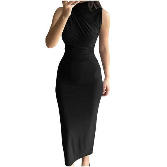 LNWUY Women's Elegant Sleeveless Round Neck Ruched Bodycon Maxi Dress Cocktail Party Slim Cut Slit Long Dresses Black S