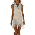 thumbnail image 1 of LNWUY Women's Elegant Solid Color Summer Dress Vintage Turn Down Collar Stretch Sleeveless Zipper Tassel Denim Dress White S, 1 of 7