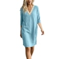 thumbnail image 1 of LNWUY Women's Fashion Lace 3/4 Sleeve Cotton Linen Dress Summer Casual Solid Color V-Neck Shift Dress Knee Length Dresses Blue L, 1 of 8