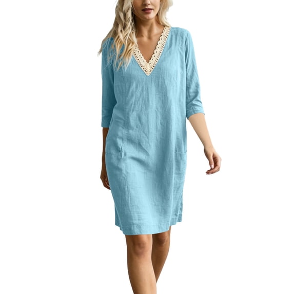 LNWUY Women's Fashion Lace 3/4 Sleeve Cotton Linen Dress Summer Casual Solid Color V-Neck Shift Dress Knee Length Dresses Blue L