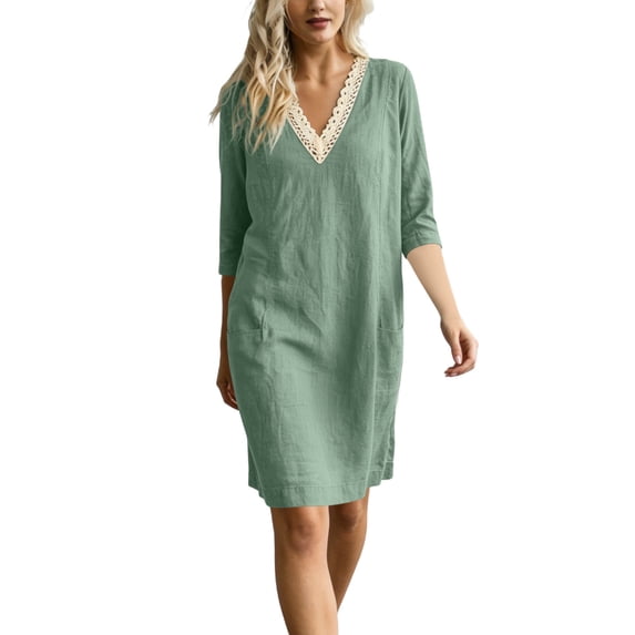 LNWUY Women's Fashion Lace 3/4 Sleeve Cotton Linen Dress Summer Casual Solid Color V-Neck Shift Dress Knee Length Dresses Green XL