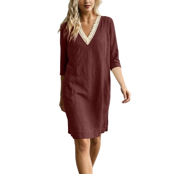LNWUY Women's Fashion Lace 3/4 Sleeve Cotton Linen Dress Summer Casual Solid Color V-Neck Shift Dress Knee Length Dresses Red S