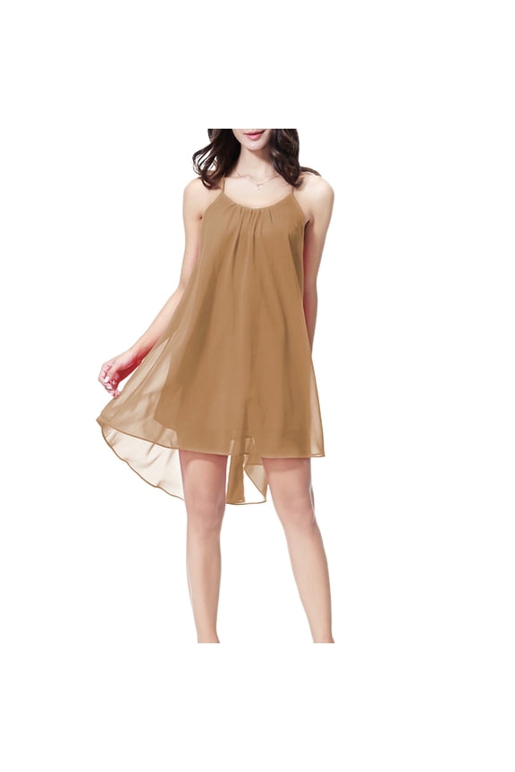 Women's Fashion Solid Color Back Hollowed Out Round Neck Chiffon Sling Short Sleepshirts Beige L