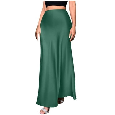 LNWUY Women's Fashion Solid Color Satin High Waisted Maxi Skirts Hidden Elasticized Waistband A Line Long Skirt Green XL