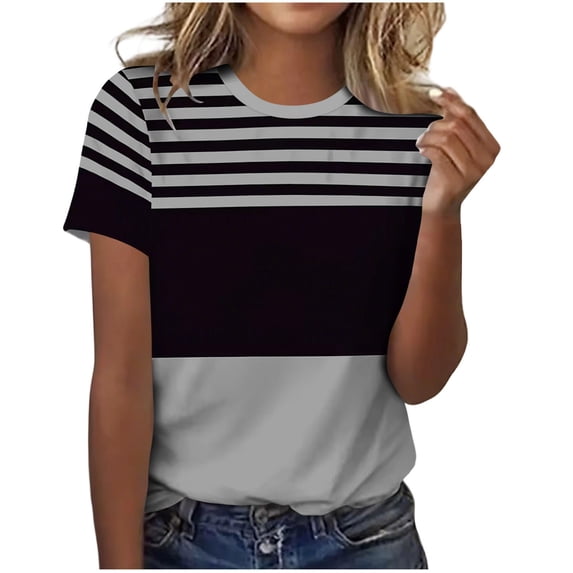 LNWUY Women's Fashion Striped Colorblock T-Shirt Casual Short Sleeve Crewneck Tee Graphic Tops for Daily Wear Gray XL