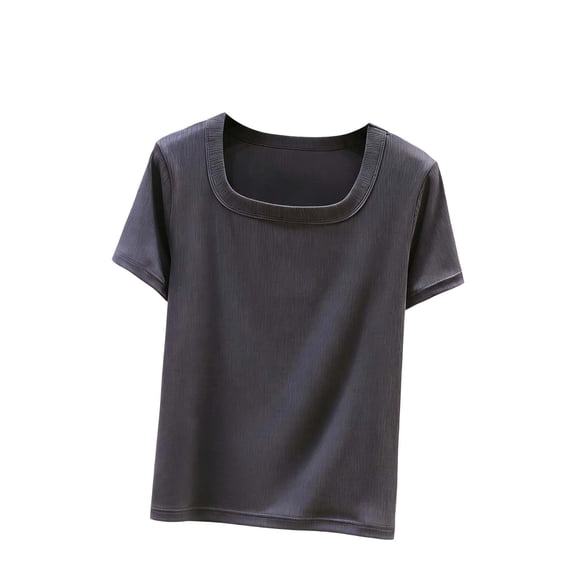 LNWUY Women's Fashion Summer Scoop Neck Short Sleeve T-Shirts Solid Color Ribbed Knit Slim Fitted Casual Basic Top Gray XL