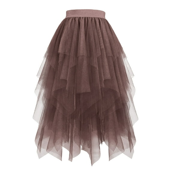 LNWUY Women's Fashion Tulle Skirt Formal High Low Asymmetrical Midi Length Elastic Waist Tutu Layered Puffy Fairy Skirts Khaki XS
