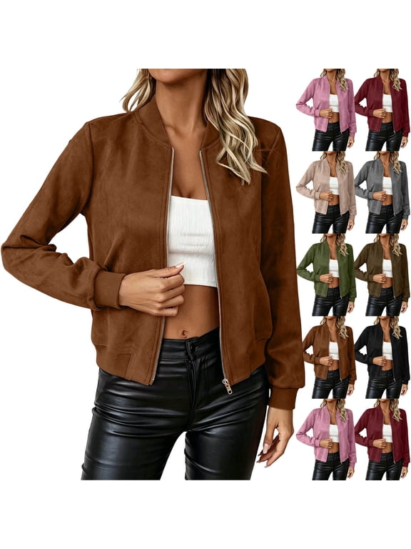 Women's Faux Suede Cropped Jackets Fall Fashion Suede Coats Vintage Short Zipper Lightweight Shackets Jackets Black S