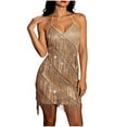 thumbnail image 1 of LNWUY Women's Halter Tassels Sequins Mini Dress Deep V Sleeveless Sparkle Glitter Cocktail Evening Nightclub Dresses Gold XL, 1 of 9