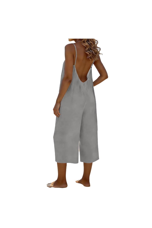 Women's Jumpsuits Adjustable Strap Backless Romper 3/4 Length Wide Leg Cami Jumpsuits with Pockets Plus Size Jumpsuit Gray XL