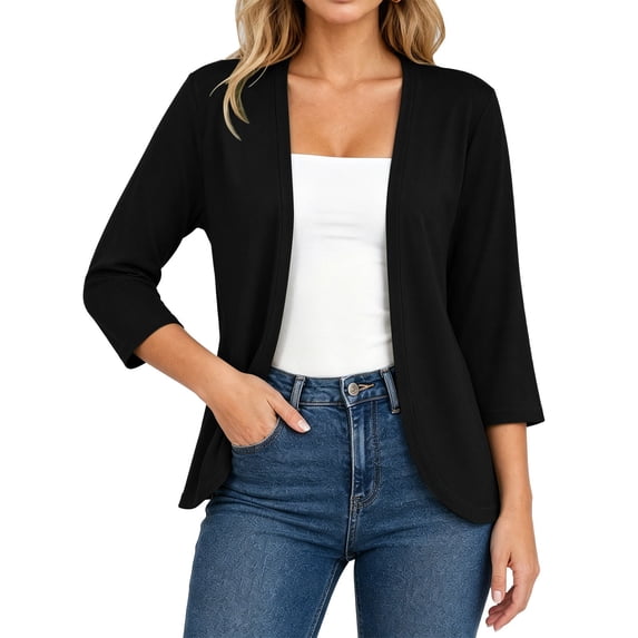 LNWUY Women's Lightweight Open Front Cardigans Short Sleeve Solid Color Casual Stretch Soft Knit Cardigan Sweaters Black L