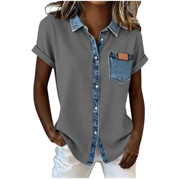 LNWUY Women's Patchwork Denim Shirt Cool Collar Lapel Buttons Front Top Shirt Ladies Bussiness Outdoor Trendy Jean Tee Tops Gray XL