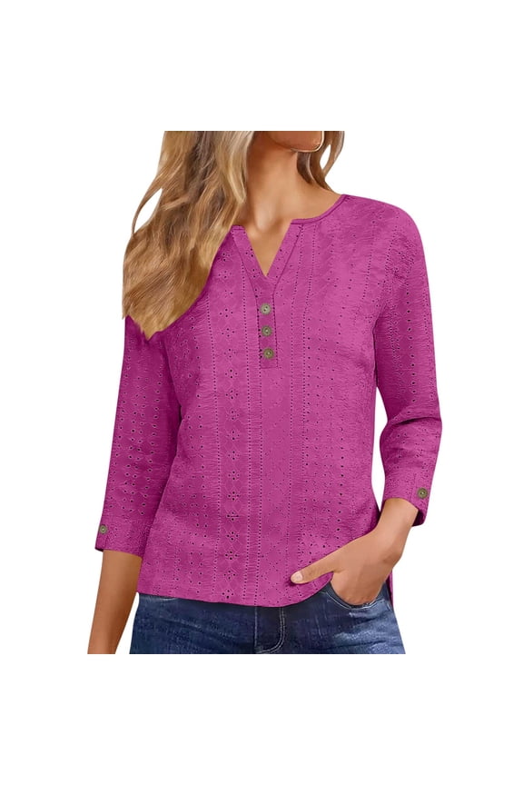 Women's Plus Size 3/4 Length Sleeve Tops Notched V Neck Button Down Hollow Out Eyelet Shirts Summer Casual Tunic Blouses Pink XXL