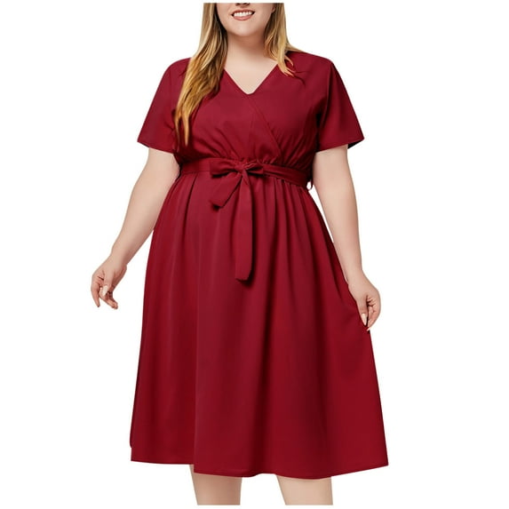 LNWUY Women's Plus Size V Neck Midi Dress Casual Solid Color Dresses Summer Loose Comfort Short Sleeve Sundress with Pockets Wine XL
