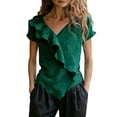 thumbnail image 1 of LNWUY Women's Ruffle Trim Cotton Linen Tops Asymmetrical Long Sleeve V Neck Ruched Blouse Casual Loose Fit Solid Shirts Green S, 1 of 5