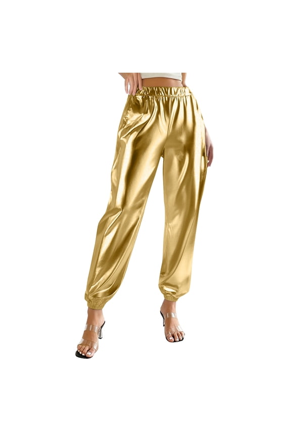 Women's Shiny Jogger Pants Stretch High Waist Track Pants Sequin Party Club Dancing Night Out Disco Sweatpants Gold XXL