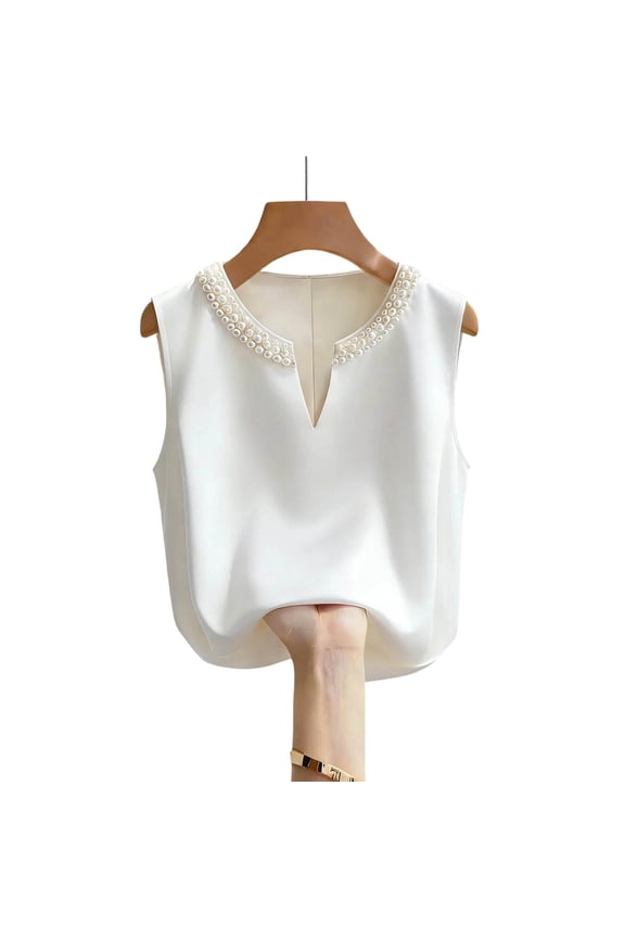 Women's Solid Color Loose Elegant Pearl Beaded Crew Neck Sleeveless Tank Top Going Out Tops White XXL
