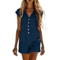 thumbnail image 1 of LNWUY Women's Solid Color Short Cuffed Sleeve Utility Rompers Elastic Waist Button Down Cotton Pocket Jumpsuit Blue S, 1 of 7