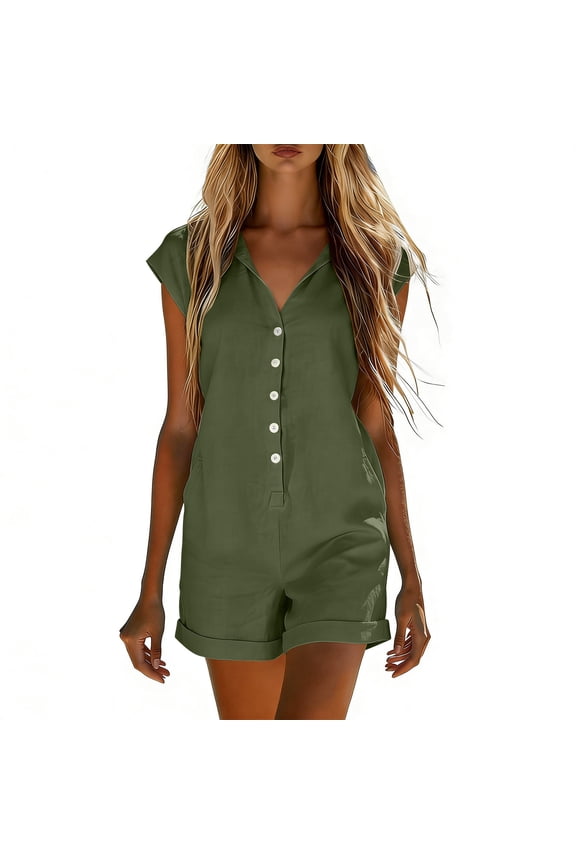 Women's Solid Color Short Cuffed Sleeve Utility Rompers Elastic Waist Button Down Cotton Pocket Jumpsuit Green L