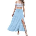 thumbnail image 1 of LNWUY Women's Solid Color Stretchy Waist Drawstring Pleated Mid-Length Ruffle Side Split Half-Body Skirt Plus Size Skirt Blue XXL, 1 of 7