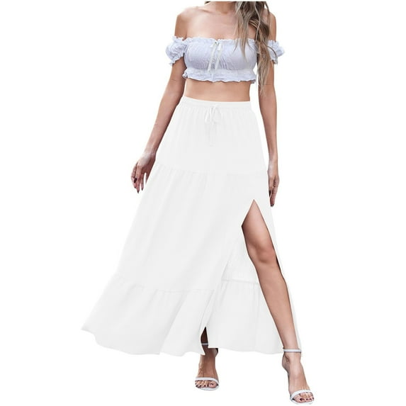 LNWUY Women's Solid Color Stretchy Waist Drawstring Pleated Mid-Length Ruffle Side Split Half-Body Skirt Plus Size Skirt White S