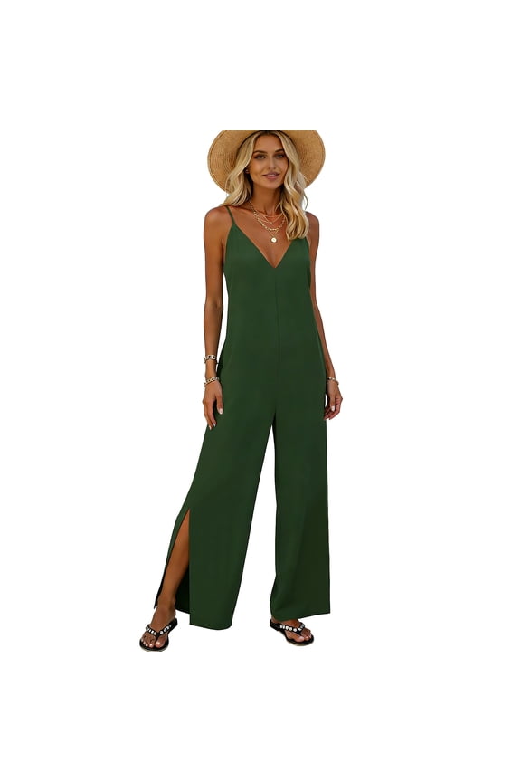 Women's Split Side Wide Leg Jumpsuits, Solid Color V Neck Adjustable Spaghetti Strap Loose Sleeveless Rompers with Pockets Green L