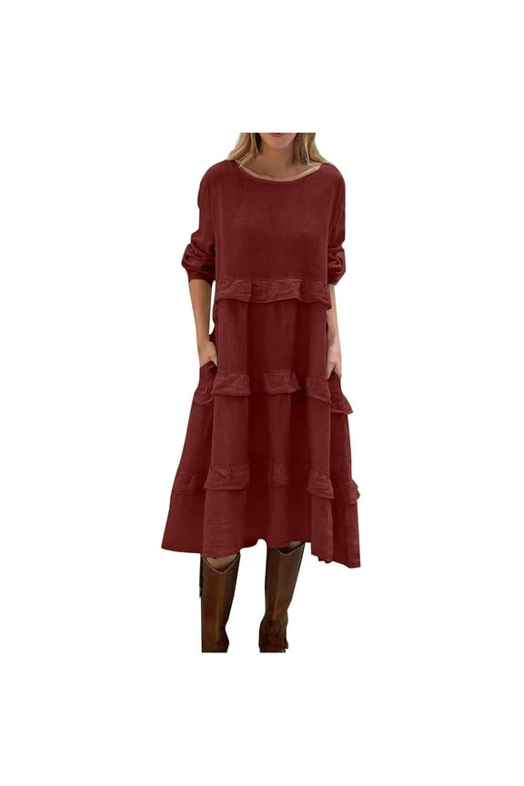 Women's Spring Fall Midi Dress Long Sleeve Casual Patchwork Round Neck Ruffle High Waist Smocked Long Dress with Pockets Red L