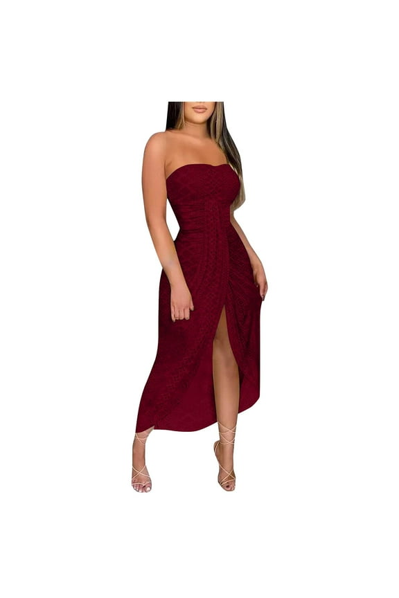 Women's Strapless Maxi Bodycon Dresses Wrap Asymmetrical Beach Dress Buttocks Wrap The Chest Elastic Dress Red L