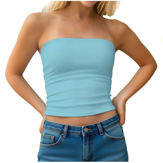 LNWUY Women's Strapless Tube Tops Solid Color Basic Bandeau Crop Sleeveless Backless Casual Sexy Going Out Tops Blue L