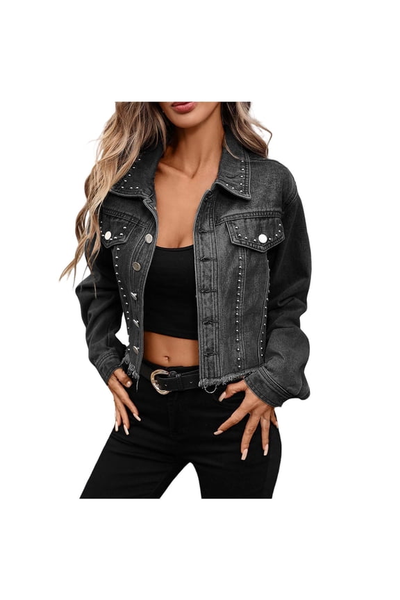 Women's Studded Denim Jacket Casual Long Sleeve Western Distressed Trendy Cropped Jean Coat Black S